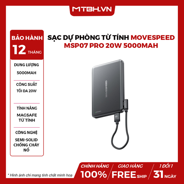 Sạc Dự Phòng Từ Tính Movespeed MSP07 PRO 20W 5000mAh | Tích hợp Type C | Công Nghệ Semi-solid Không Cháy Nổ