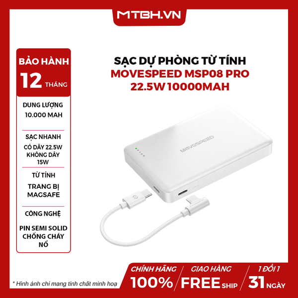 Sạc dự phòng từ tính Movespeed MSP08 PRO 22.5W 10000mAh Tích hợp Type C (Công Nghệ Semi-solid Không Cháy Nổ) - White