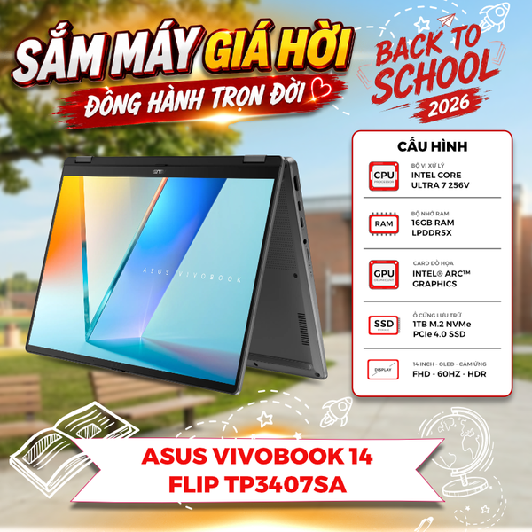 LAPTOP ASUS Vivobook 14 Flip TP3407SA Core Ultra 7 256V RAM 16GB SSD 1TB 14 inch FHD+ OLED Touch Windows 11 - NK