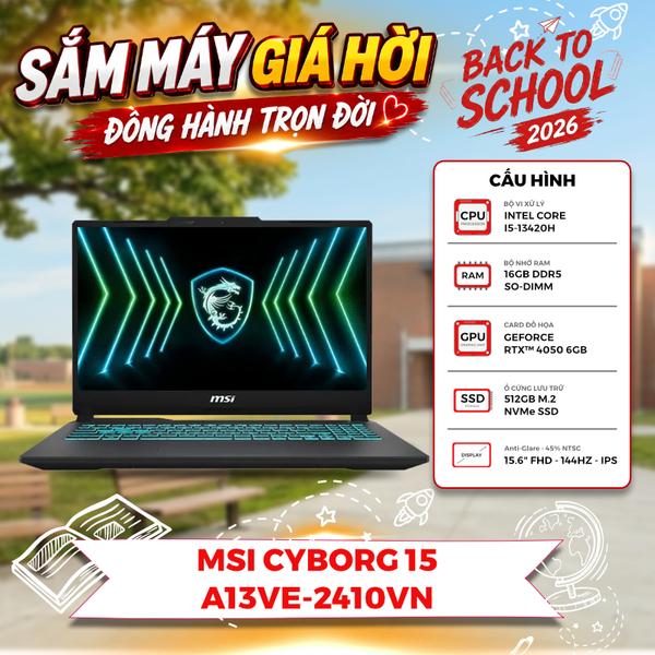 LAPTOP GAMING MSI CYBORG 15 A13VE-2410VN CORE I5-13420H | RTX 4050 6GB | 16GB RAM | 512GB SSD | 15.6' FHD 144Hz | Win 11