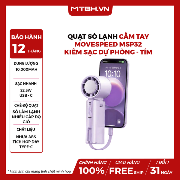 QUẠT SÒ LẠNH CẦM TAY MOVESPEED MSP32 KIÊM SẠC DỰ PHÒNG 22.5W 10.000mAh KÈM TypeC - Màu Tím