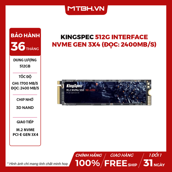 SSD Kingspec 512G Interface Nvme Gen 3x4 (Đọc: 2400Mb/s)