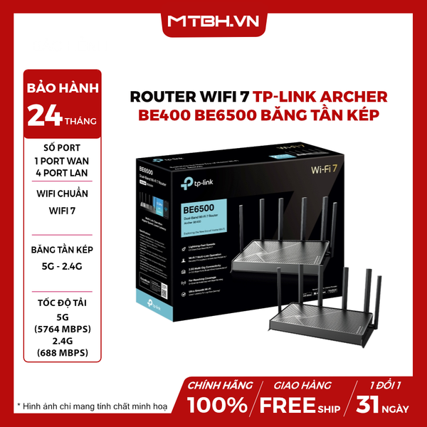 Router Wifi 7 Tp-link Archer BE400 BE6500 Băng Tần Kép