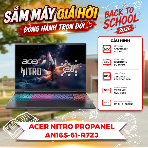 LAPTOP GAMING ACER NITRO PROPANEL AN16S-61-R7ZJ Ryzen AI 7 350 | RTX 5060 8GB | 16GB RAM | 512GB SSD | 16