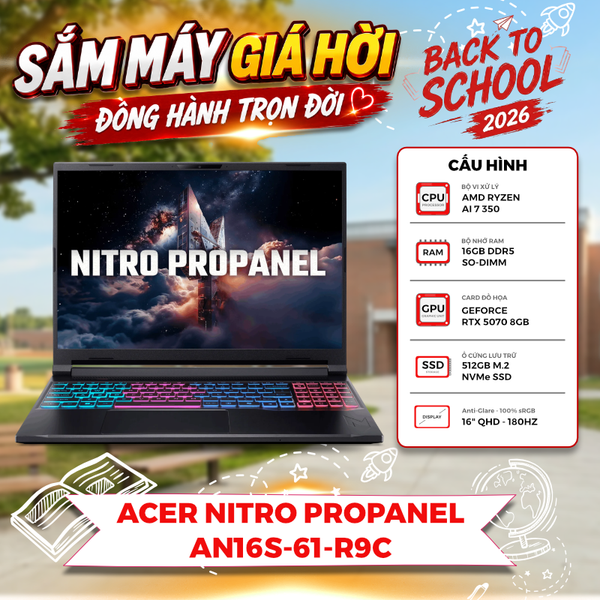 LAPTOP GAMING ACER NITRO PROPANEL AN16S-61-R9CN Ryzen AI 7 350 | RTX 5070 8GB | 16GB RAM | 512GB SSD | 16