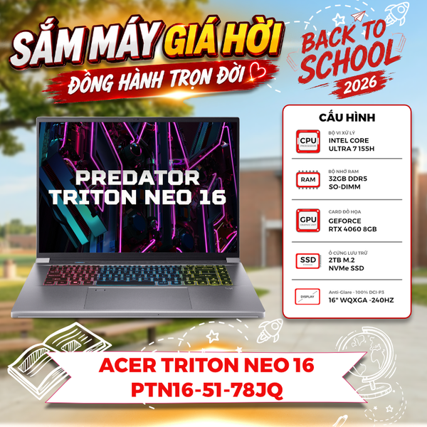 LAPTOP GAMING ACER TRITON NEO 16 PTN16-51-78JQ Ultra 7 155H | RTX 4060 8GB | 32GB RAM | 2TB SSD | 16' WQXGA 240Hz | Win 11
