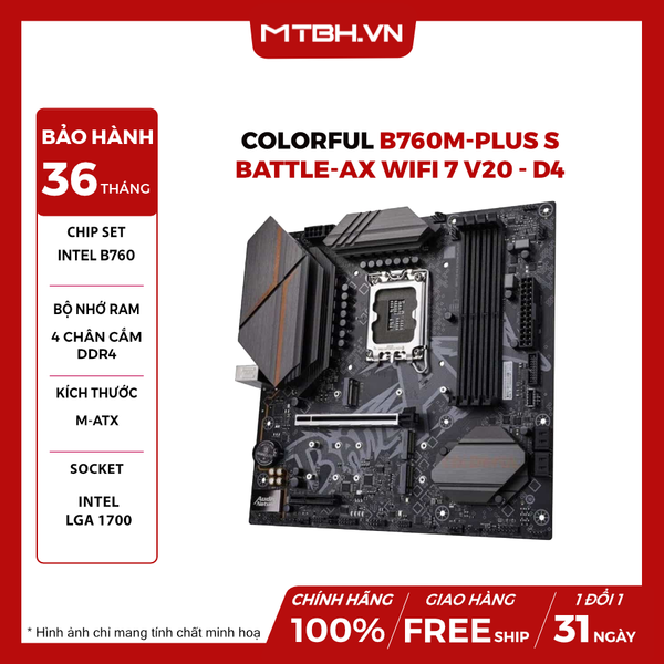 Main Colorful B760M-PLUS S BATTLE-AX Wifi 7 V20 DDR4 | Intel B760, LGA1700, WiFi 7, Bluetooth 5.4, PCIe 5.0, mATX