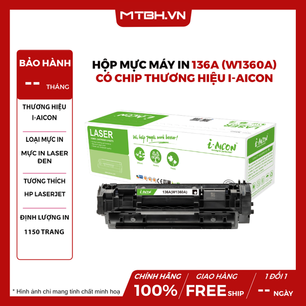 HỘP MỰC MÁY IN 136A (W1360A) CÓ CHIP THƯƠNG HIỆU I-AICON