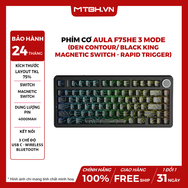 Bàn Phím Cơ AULA F75HE 3 MODE (Đen contour/ Black King Magnetic switch - Rapid trigger)