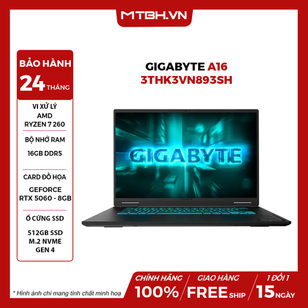 LAPTOP GAMING GIGABYTE A16 3THK3VN893SH Ryzen 7 260 | RTX 5050 8GB | 16GB RAM | 512GB SSD | 16