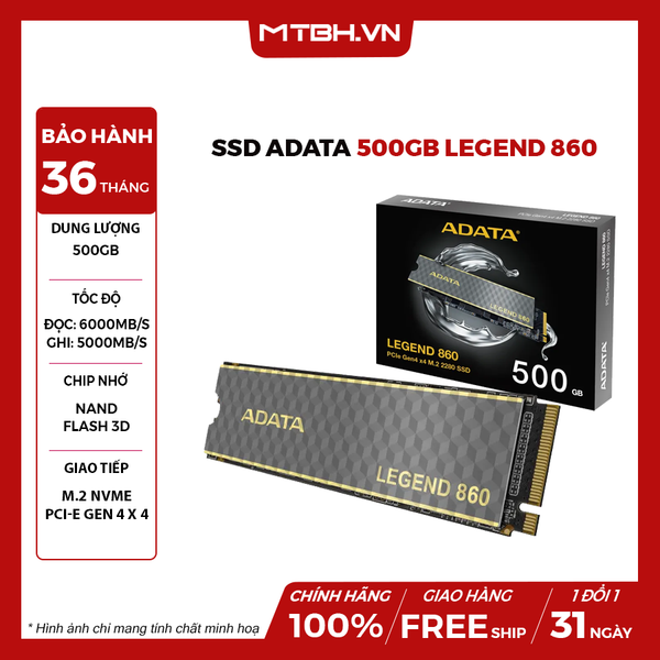 SSD ADATA 500GB LEGEND 860 PCIe Gen4 x4 NVMe, M.2 2280 (Đọc : 5000Mb/s)