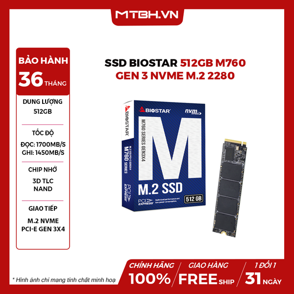 SSD Biostar 512GB M760 GEN3 NVME M2 2280 (Đọc: 3200 Mb/s)