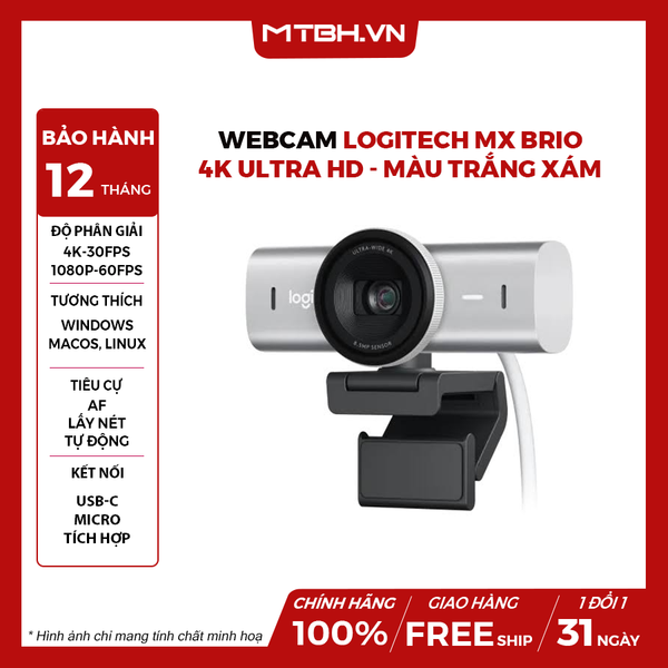 Webcam Logitech MX BRIO 4K Ultra HD - Màu trắng xám