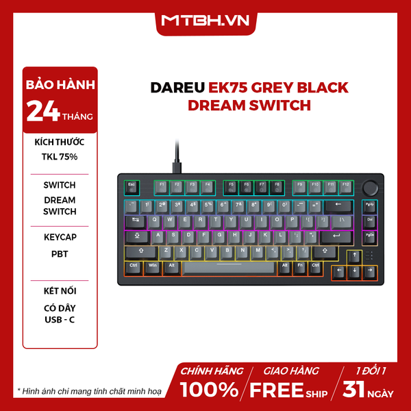 Bàn Phím Cơ DareU EK75 Grey Black Dream switch
