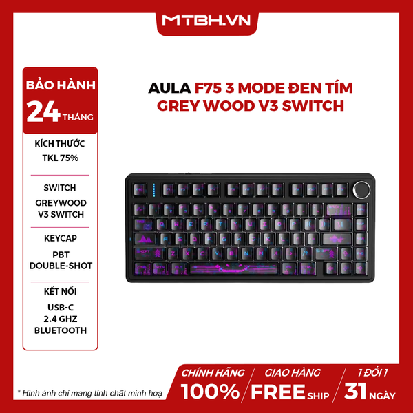 Bàn Phím Cơ Aula 3 MODE F75 Đen tím Grey Wood V3 switch