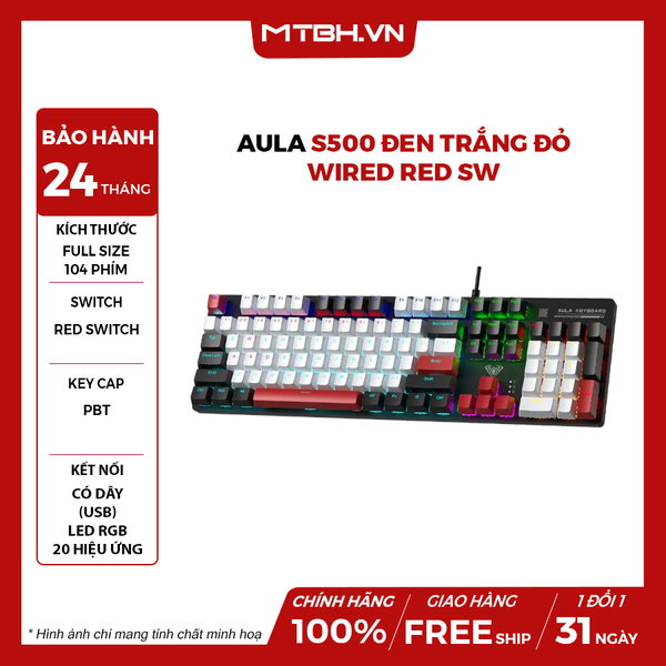 Bàn Phím Cơ Aula S500 Đen Trắng Đỏ Wired Red Sw