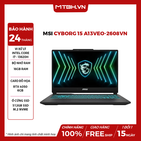 LAPTOP GAMING MSI CYBORG 15 A13VEO-2608VN CORE i7-13620H | RTX 4050 6GB | 16GB RAM | 512GB SSD | 15.6' FHD 144Hz | Win 11