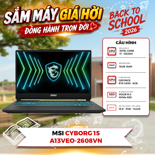 LAPTOP GAMING MSI CYBORG 15 A13VEO-2608VN CORE i7-13620H | RTX 4050 6GB | 16GB RAM | 512GB SSD | 15.6' FHD 144Hz | Win 11