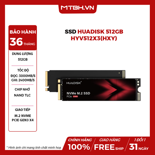 SSD HUADISK 512GB HYV512X3(HXY) PCIe Gen3.0 x4 NVMe 1.3, M.2 2280 (Đọc 3400Mb/s)