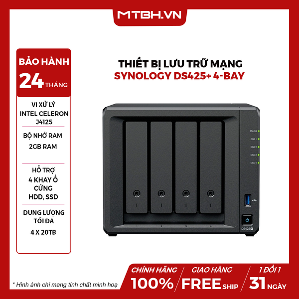 THIẾT BỊ LƯU TRỮ MẠNG Synology DS425+ 4-bay Plus series model with Intel Celeron J4125 quad-core processor, 2 GB DDR4, 3Y WTY_DS425+