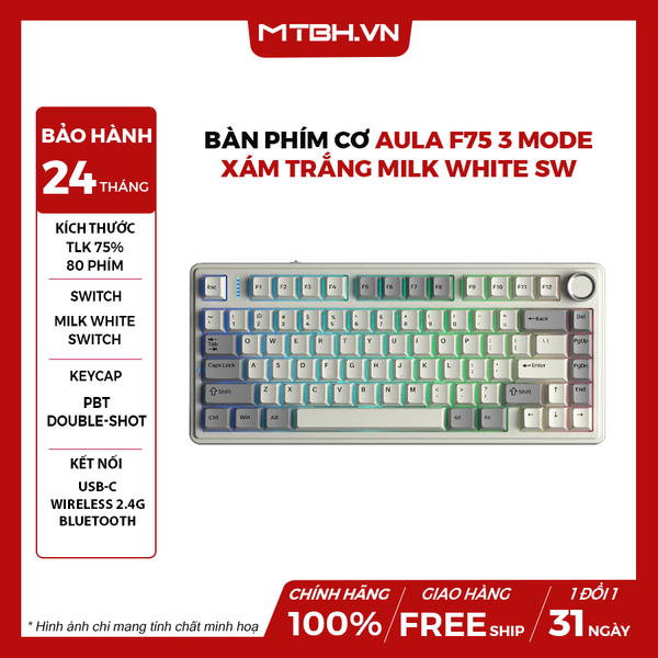Bàn Phím Cơ AULA F75 3 Mode Xám Trắng Milk White Sw