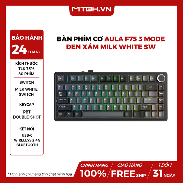 Bàn Phím Cơ AULA F75 3 Mode Đen Xám Milk White Sw