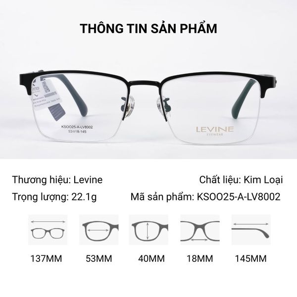 Gọng kính nửa khung Levine KSOO25-A-LV8002 Chính Hãng