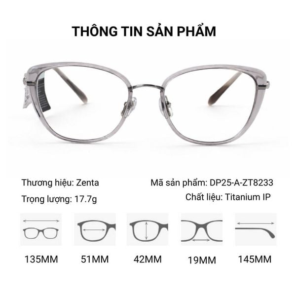 Zenta DP25-A-ZT8233 Gọng Kính Mắt Mèo Titanium IP – Chính Hãng