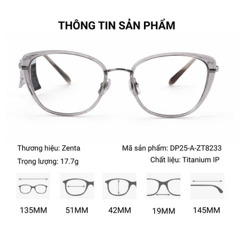  Zenta DP25-A-ZT8233 Gọng Kính Mắt Mèo Titanium IP – Chính Hãng 
