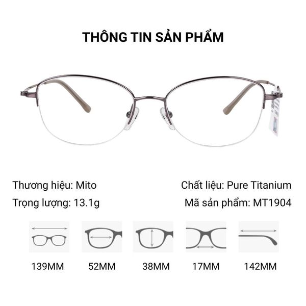  Gọng Kính Nửa Khung Mắt Mèo Titanium Mito MT1904 – Tem Chính Hãng 101 