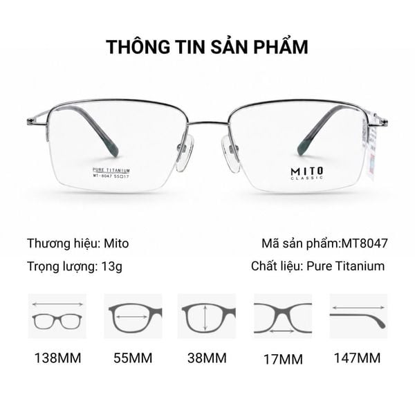Gọng Kính Chữ Nhật Nửa Khung Mito MT8047 – Tem Chính Hãng 101