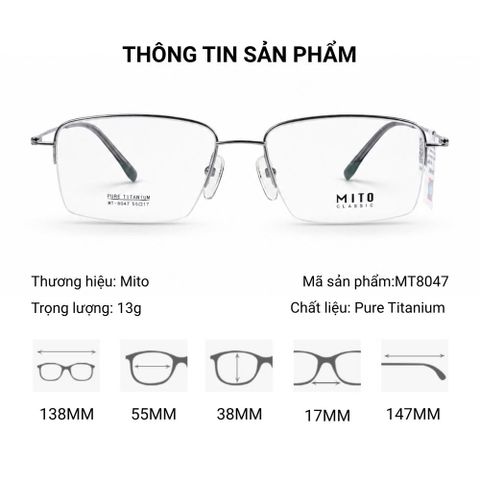 Gọng Kính Chữ Nhật Nửa Khung Mito MT8047 – Tem Chính Hãng 101 