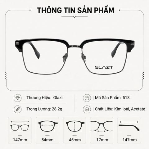  Gọng Kính Nửa Khung Glazt 518 