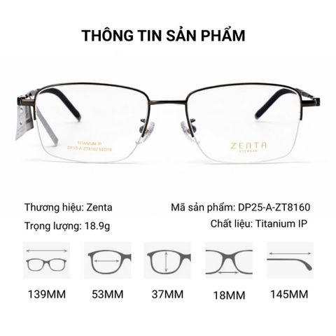  Zenta DP25-A-ZT8160 Gọng Kính Chữ Nhật Nửa Khung Titanium – Chính Hãng 