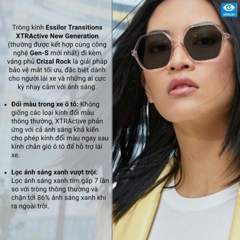  Essilor Transitions XTRActive Gen S Tròng Kính Đổi Màu Trong Xe Váng Phủ Crizal Rock 