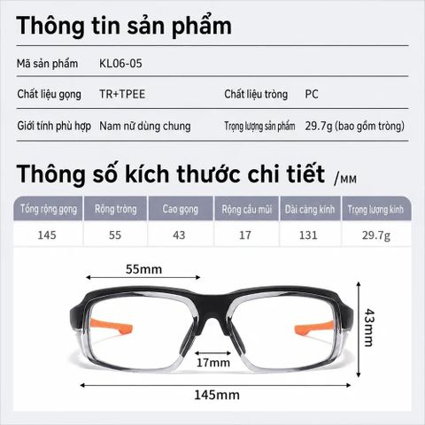  Kính Thể Thao Bảo Hộ KL06-05 – Lắp Được Tròng Theo Độ Tùy Chỉnh 
