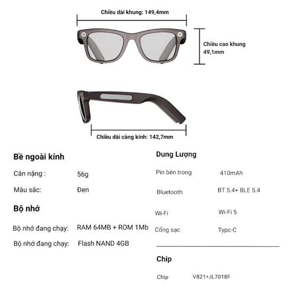 Kính Thông Minh Aison 696 AG01 Dịch Thuật AI, Camera 08, Hộp Sạc, Tuyển Phát Wifi, Nghe Gọi