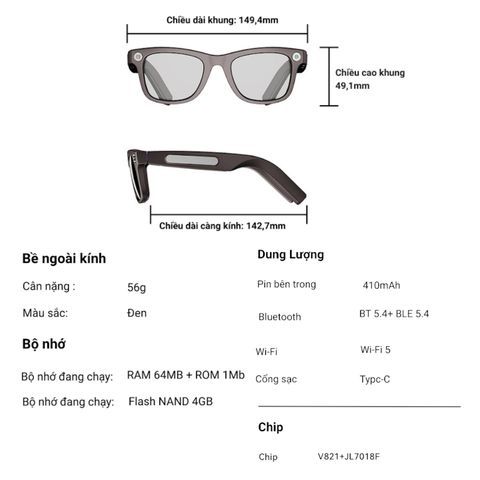  Kính Thông Minh Aison 696 AG01 Dịch Thuật AI, Camera 08, Hộp Sạc, Tuyển Phát Wifi, Nghe Gọi 