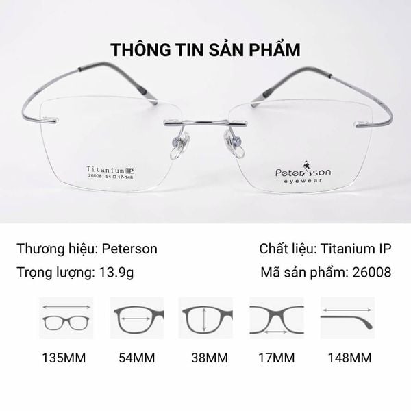Peterson 26008 Kính Không Gọng Chữ Nhật Titanium – Tem Chính Hãng