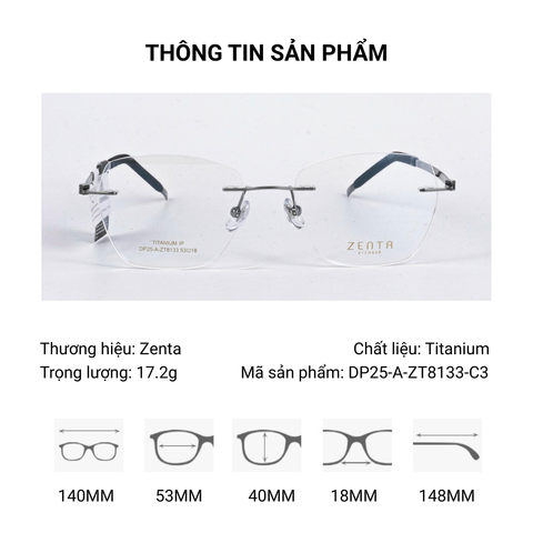  Kính Không Gọng Chữ Nhật Zenta DP25-A-ZT8133 Chính Hãng 