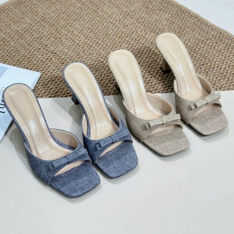  Guốc 7cm gót vuông nhỏ mũi vuông quai ngang khuyết giữa gắn nơ - MS: G7-23022 