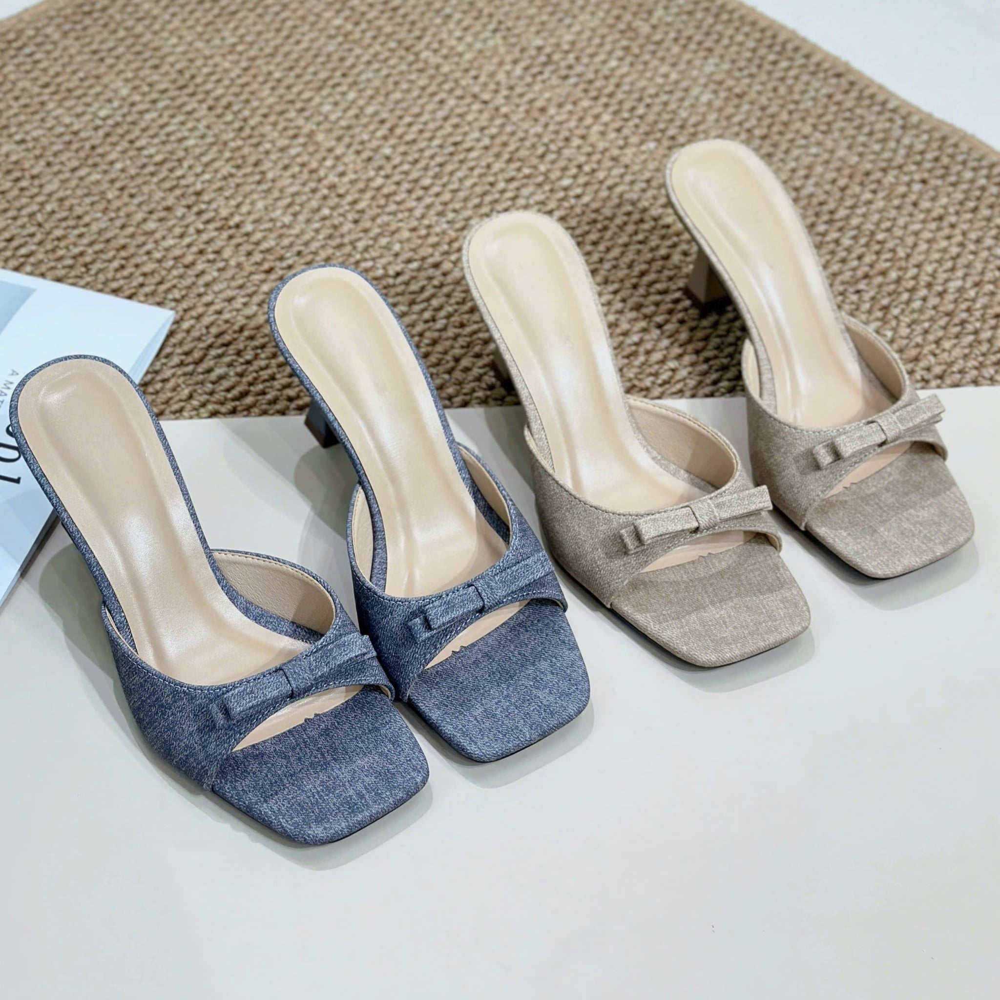Guốc 7cm gót vuông nhỏ mũi vuông quai ngang khuyết giữa gắn nơ - MS: G7-23022