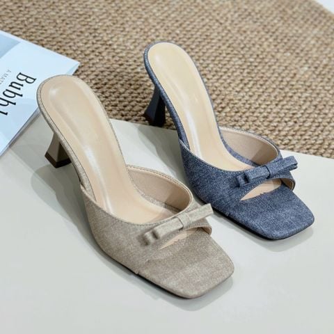  Guốc 7cm gót vuông nhỏ mũi vuông quai ngang khuyết giữa gắn nơ - MS: G7-23022 