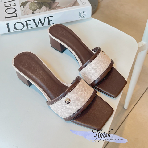  Guốc 5cm gót vuông mũi vuông quai vải bố viền màu-MS: G5-23015 