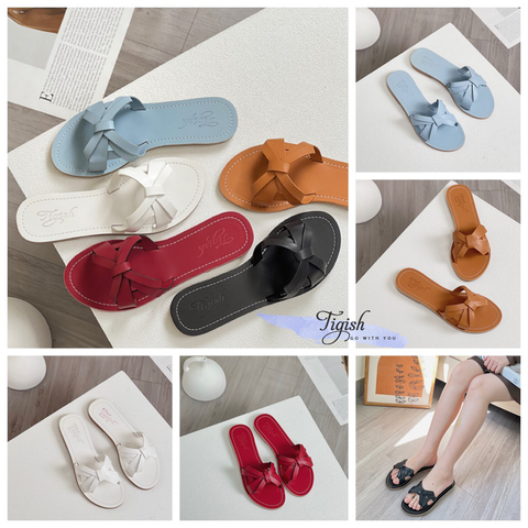  Dép xẹp mũi tròn quai chéo thắt nơ talong may chỉ- MS: DX-25058 