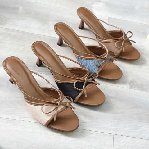  Guốc 7cm gót nhỏ mũi tròn quai ngang viền si phối dây mảnh thắt nơ - MS: G7-10010 