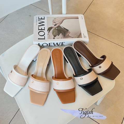  Guốc 5cm gót vuông mũi vuông quai vải bố viền màu-MS: G5-23015 