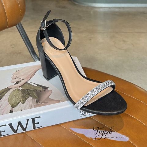  Sandal 7cm gót trụ mũi tròn quai ngang đính đá hậu bít - MS: S7-23019 