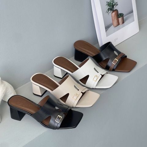  Guốc 5cm gót trụ mũi vuông quai khuyết phối dây ngang khóa - MS: G5-85014 