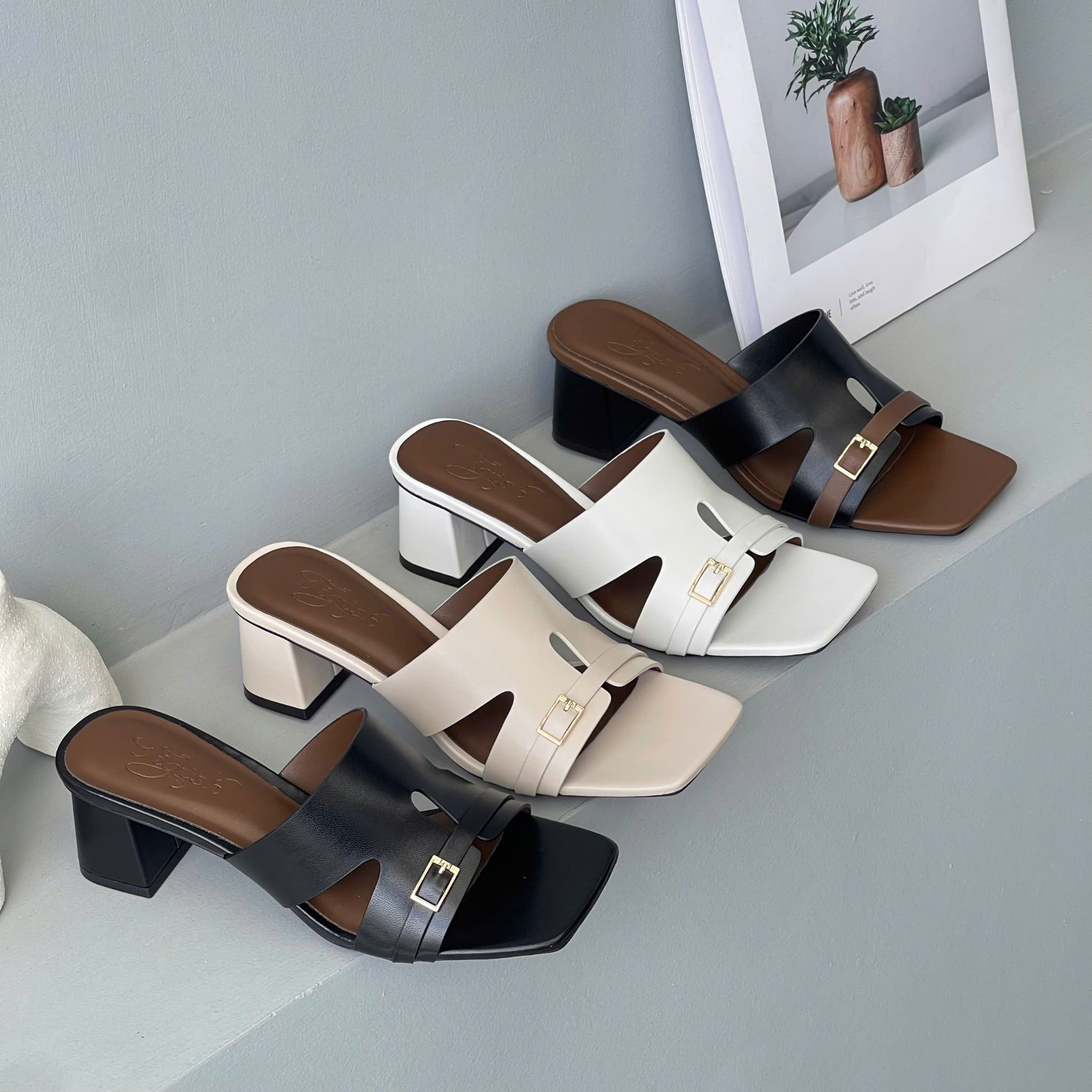 Guốc 5cm gót trụ mũi vuông quai khuyết phối dây ngang khóa - MS: G5-85014